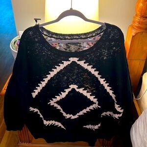 NWOT black lightweight sweater with cream colored design